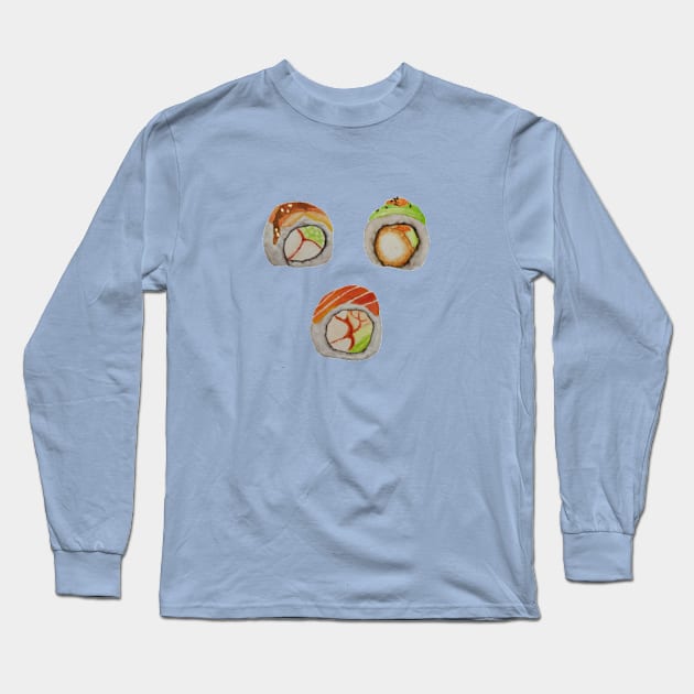 3 Pieces of sushi watercolour painting Long Sleeve T-Shirt by toffany's